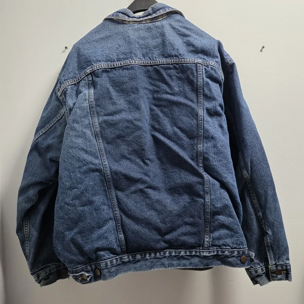 Vtg Levi Strauss Blue Denim Trucker‎ Jacket USA Green Flannel Lined Mens Size XL